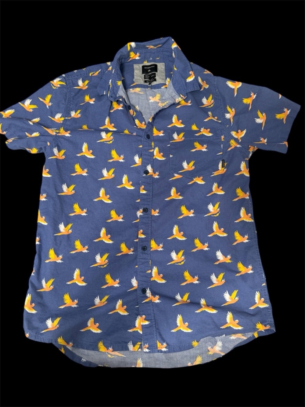 Quiksilver Navy Short-Sleeve Button-Up Shirt with Yellow Bird Print